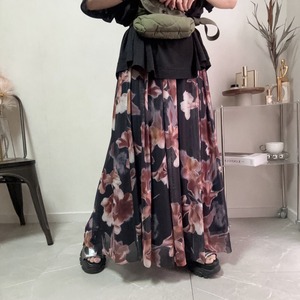 flower print tulle flare skirt【Black】