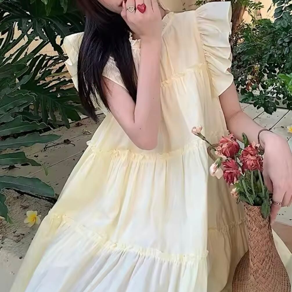 フリルフレンチスリーブティアードワンピース