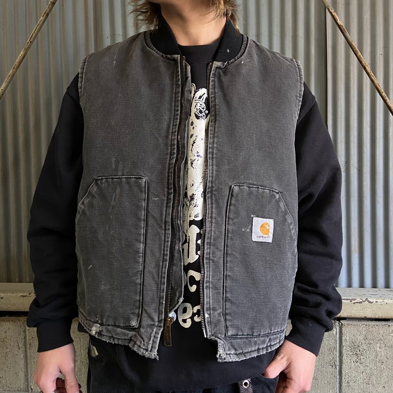 雰囲気系 Carhartt カーハート ダック地 ワークベスト メンズL相当 古着 キルティングライナー フェードブラック グレー  灰色【ワークジャケット】 | cave 古着屋【公式】古着通販サイト powered by BASE