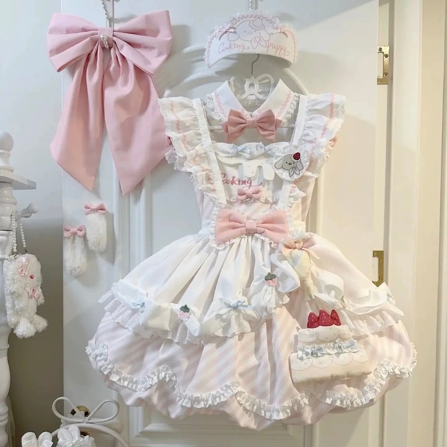 甘ロリJSK チョーカー 姫袖付き ピンク 多層フリルレース姫系ロリータ