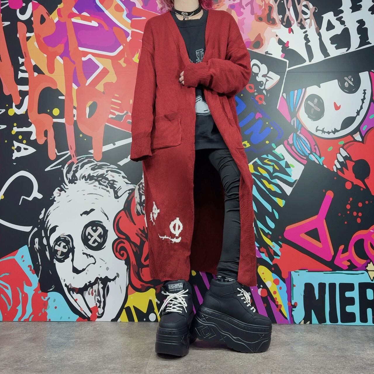 FACE DESIGN RED LONG KNIT OUTER | NIER CLOTHING