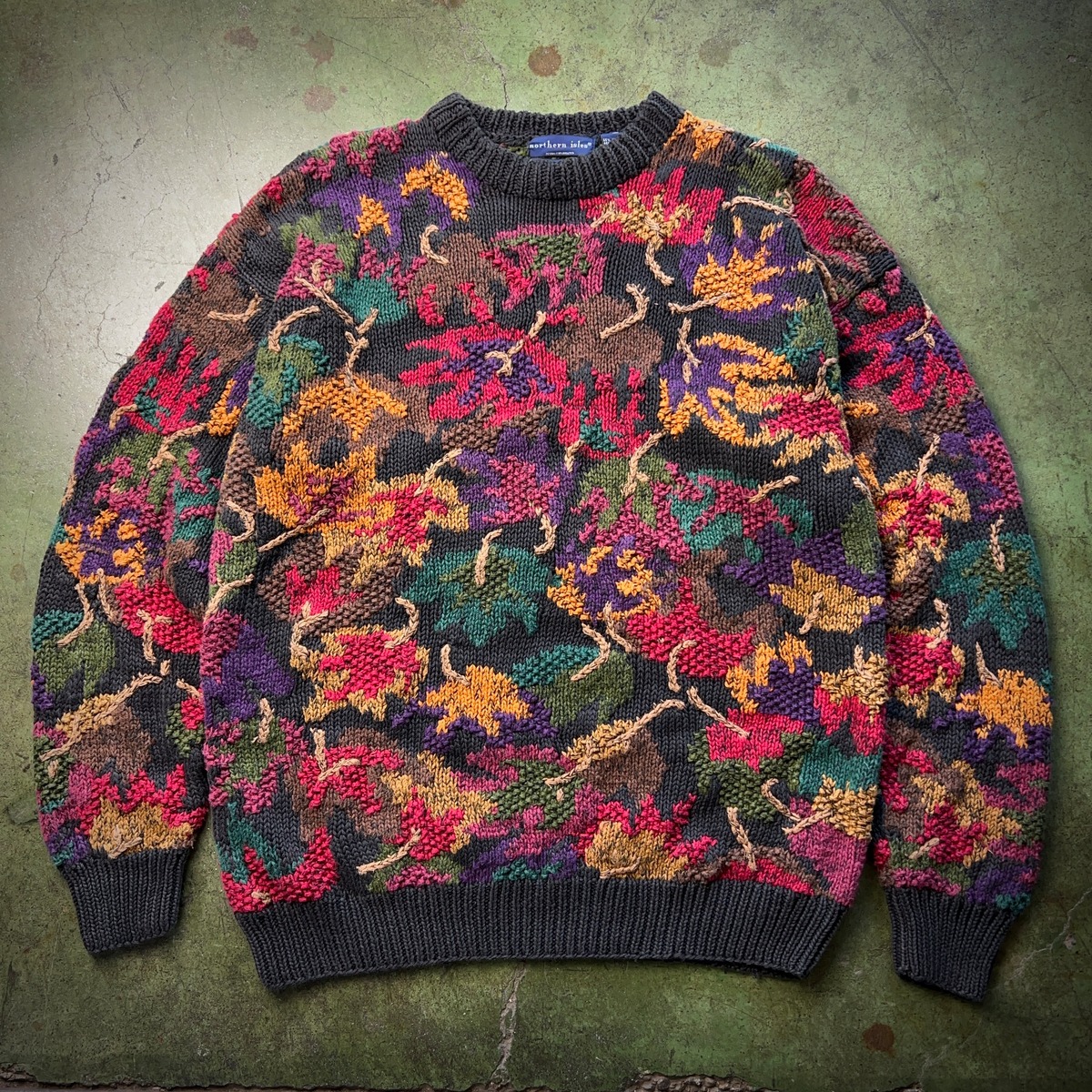 古着 PACHAMAMA 花柄 ロールネック ウールニットセーター メンズXL 