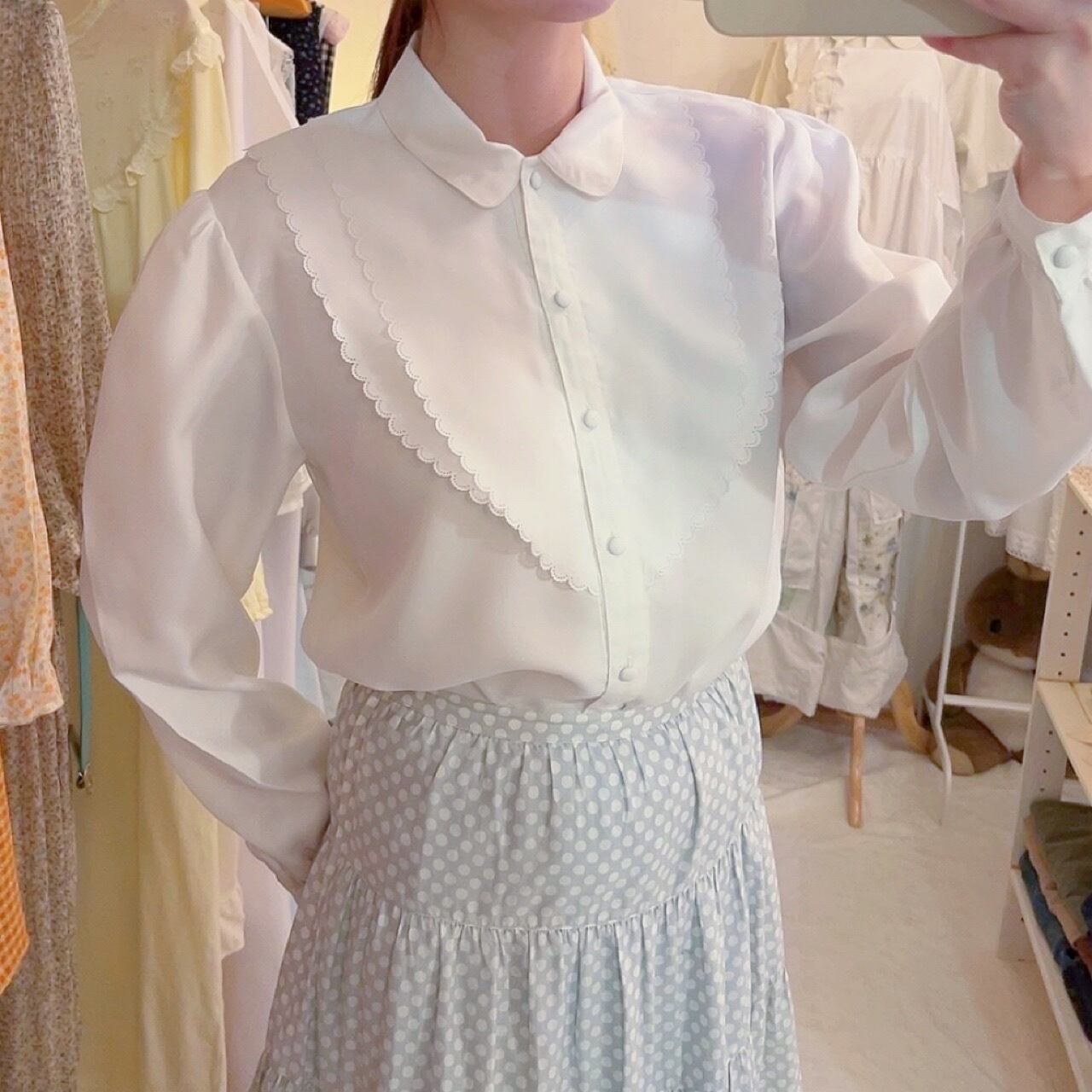 double round scallop white blouse