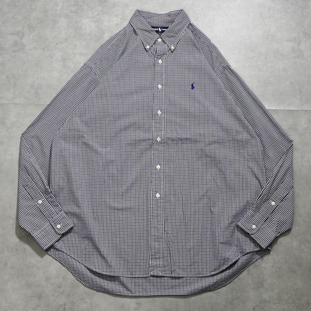 ラルフローレン チェックシャツ 古着 ブレイク 刺繍 XL 黒 青 16257