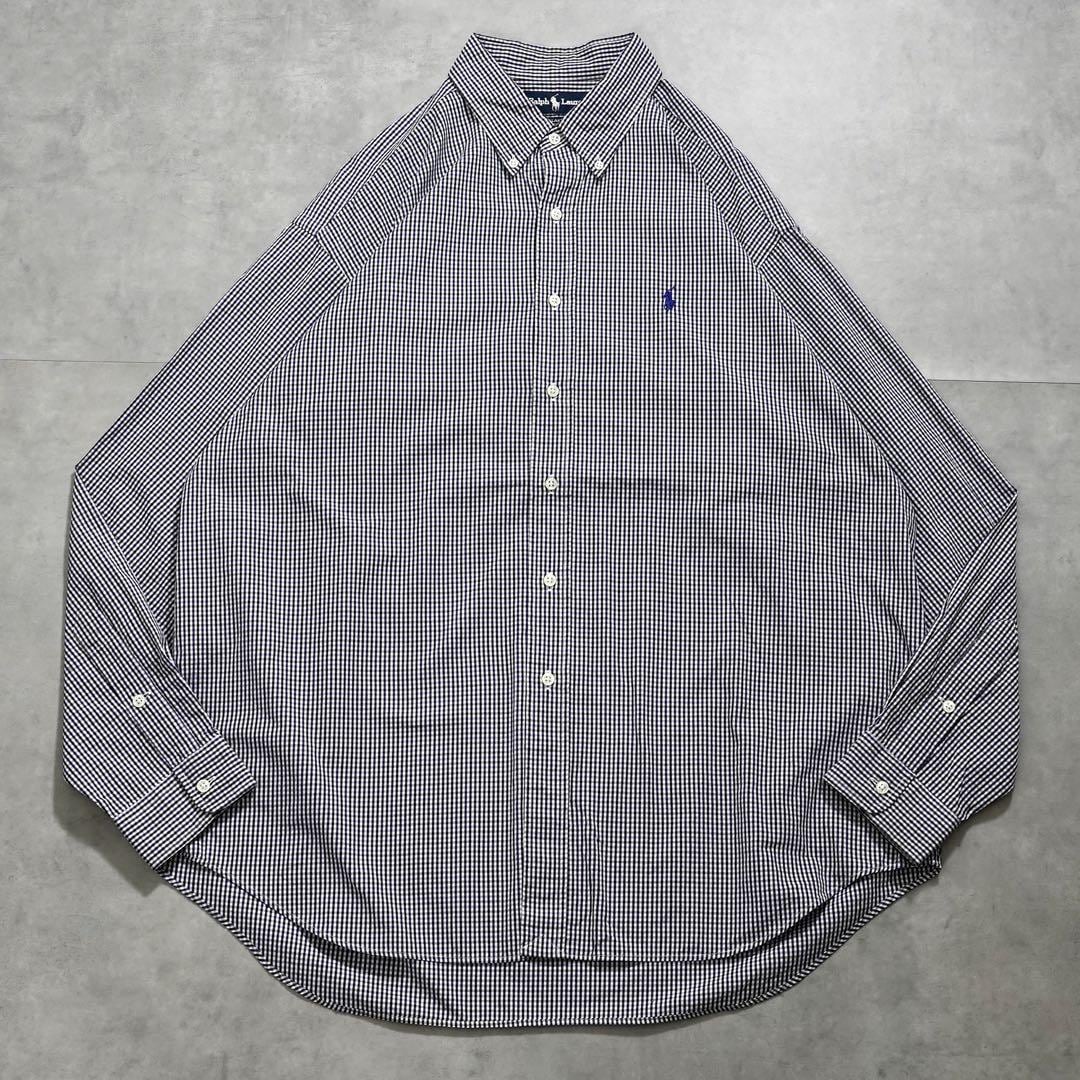 ラルフローレン チェックシャツ 古着 ブレイク 刺繍 XL 黒 青 16257