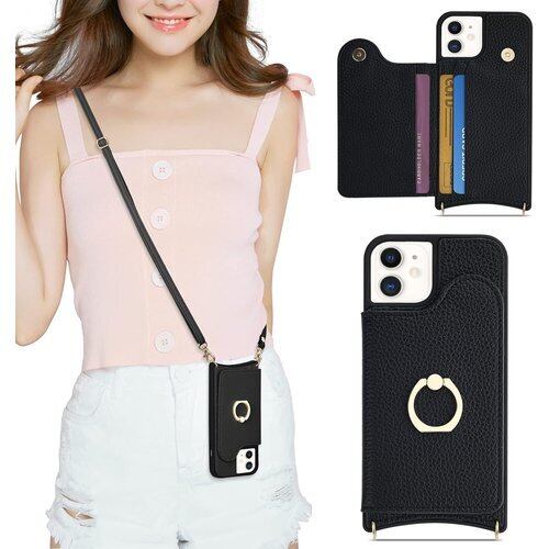 Acclink iPhone 12 iPhone 12 き iPhone12 スマホケース 肩掛け 首かけ 斜めがけ ショルダー 女性 アイフォン12Pro ケース カードポケット 高級PUレザー お洒落 上品 あいふぉん12 携帯ケース 軽量 薄型 リング付き iPhone 12Pro ケース 財布型 iPhone 12 ケース 全面保護 財布付 横置き可 便利 多機能 耐久性 縄掛け 落下防止 防水 耐衝撃 防指紋 ブラック 23