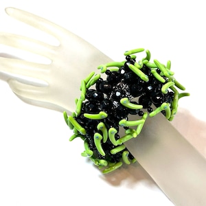 Vintage black and neon green glass chunky cluster bangle