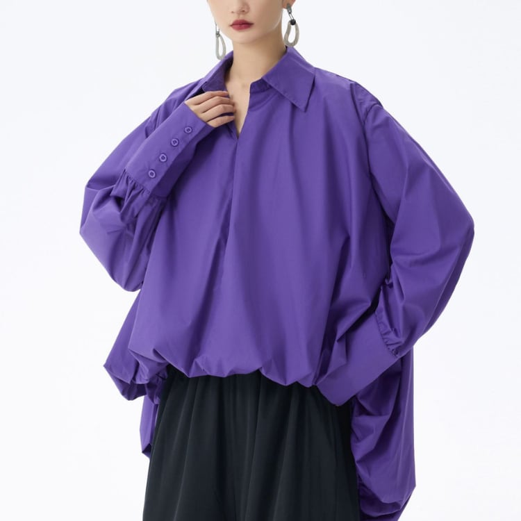 Vネック不規則タックデザインルーズシャツブラウス個性派トップス ◆3col R30083