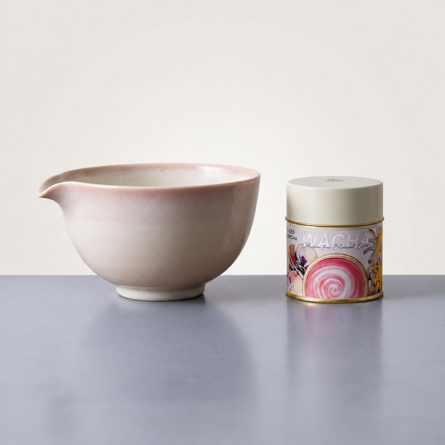 Sakuragasumi Pink & White Spouted Matcha Bowl & RED MATCHA 20g Set | Japanese Mino Ware