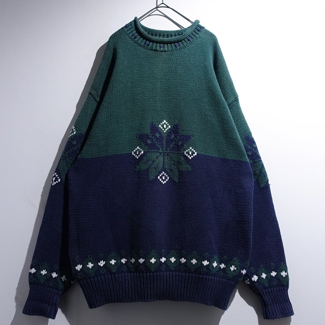 90s "OLD GAP" Green & Navy Snowflakes Design Roll Neck Cotton Knit