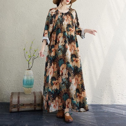 大きいサイズ 新品 秋冬 花柄ロングワンピース Aライン レトロ ギャザー