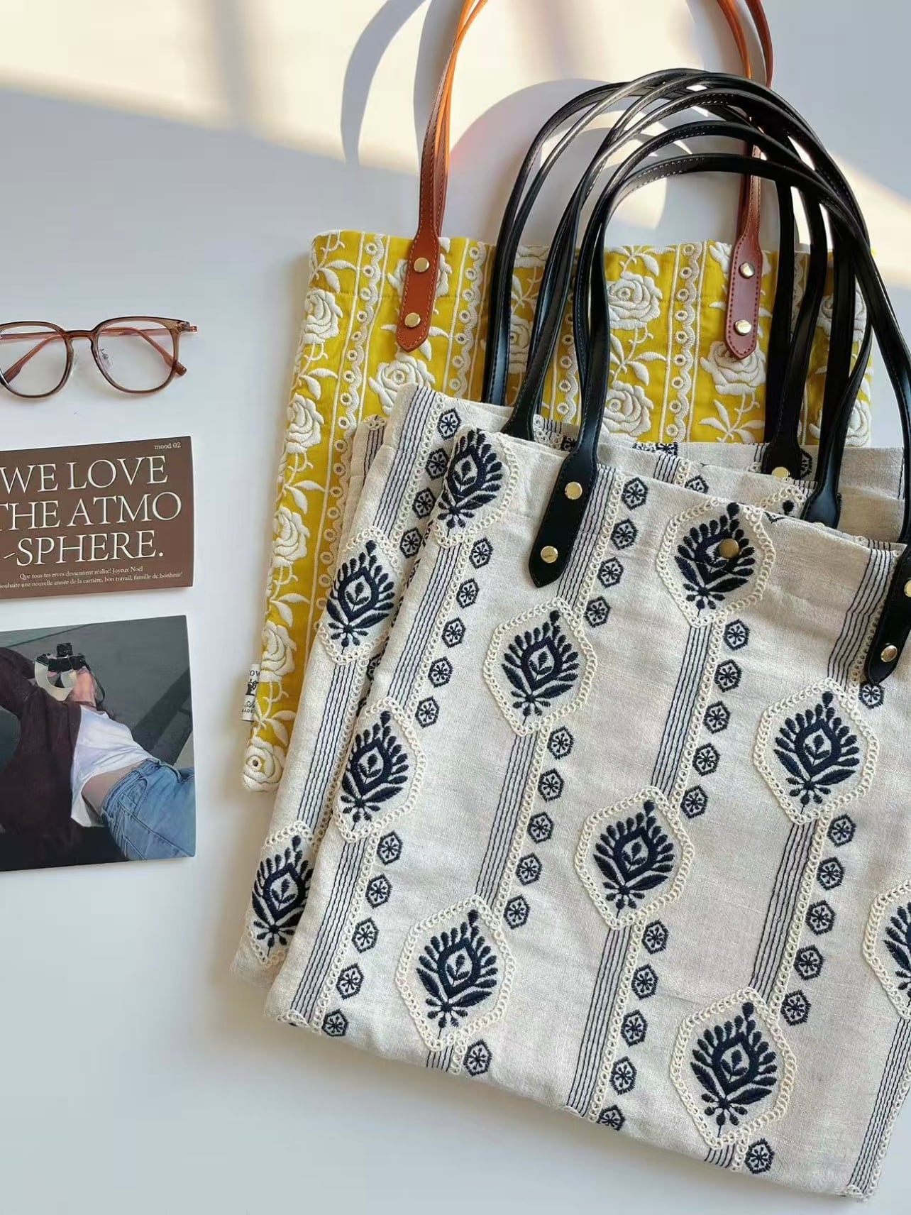 フランス風白いローズ刺繍 本革持ち手】上品なハンドメイドトート
