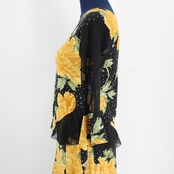 【美品 社交ダンス衣装】上下セット レッスンウェア 練習着 黒 黄色 ブラック イエロー 花柄 キラキラ ホログラム かわいい