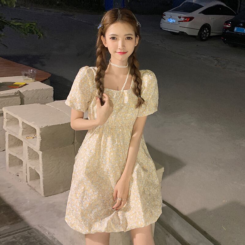 スリーブフローラルドレス サマースタイルショートスカート 夏物 花柄 スクウェア 試着室51330946517