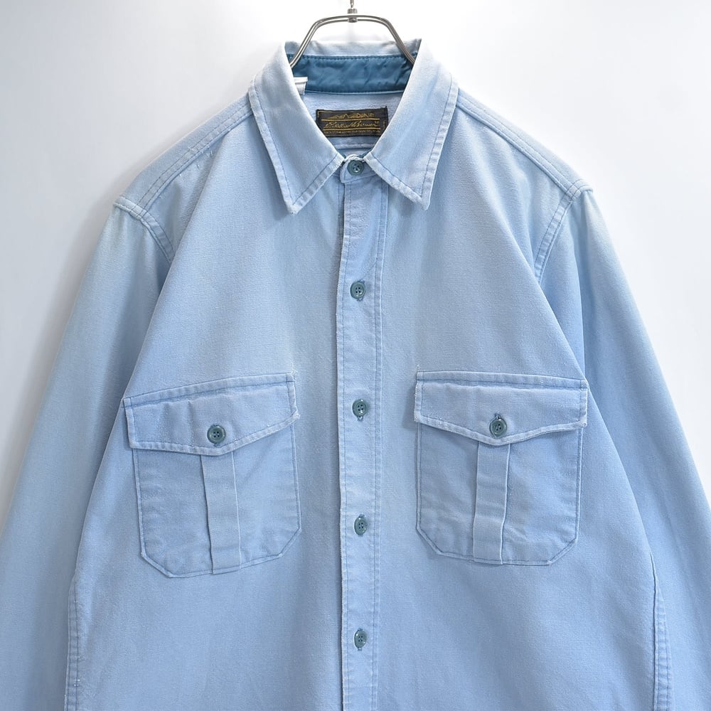 80s Eddie Bauer エディーバウアー 長袖シャツ 黒タグ 鬼フェード フラップポケット フレンチワークテイスト アウトドア フェードブルー USED ヴィンテージ ビンテージ 古着 メンズMサイズ相当