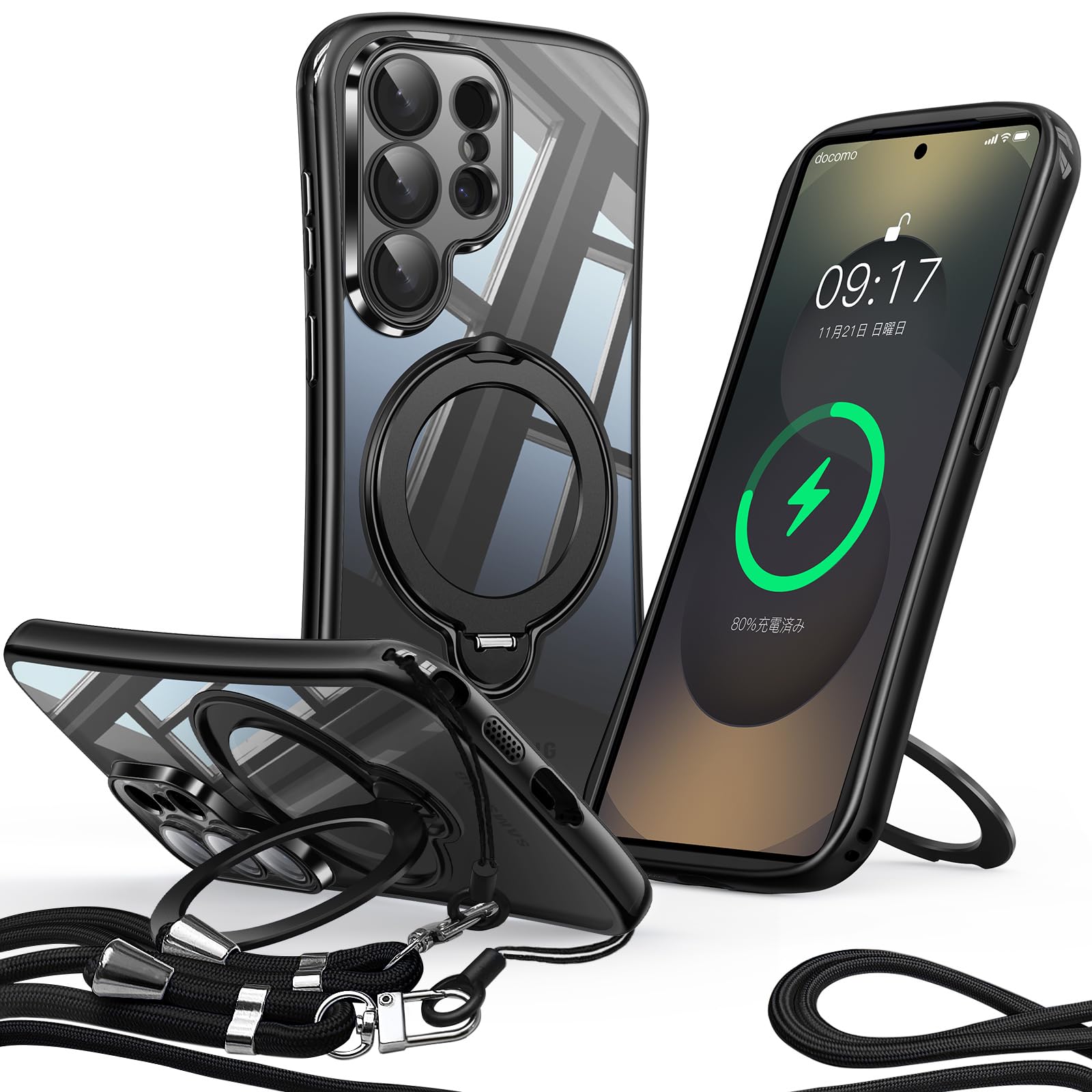 Reukdnv Galaxy S25 Ultra 用 ケース ショルダー 360°回転スタンド Magsafe対応 一体型レンズ保護(ブラック)