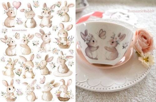 白磁用水彩RomanticRabbit ロマンティックラビット転写紙　A4サイズ　（ポーセリンアート用転写紙）