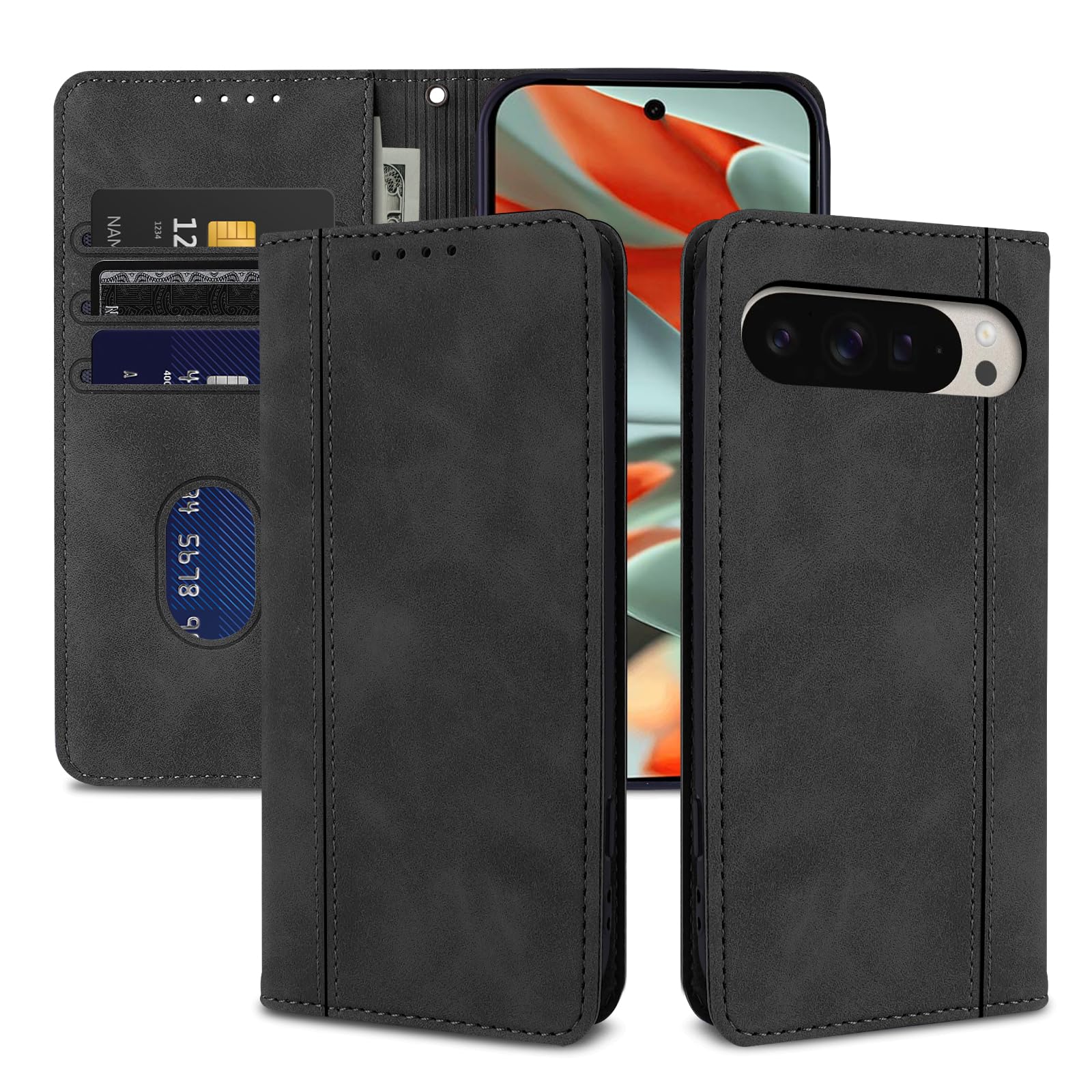 laddutoi 適用 google pixel 10 pro xl ケース 軽量 薄い PU レザー マグネット カード収納 耐衝撃 スタンド 手作り 持ちやすい 滑り止め すり傷防止マグネット 横置きスタンド機能 財布型 落ち着いた色 お洒落 カバー 落下防止 手触り良い-くろい