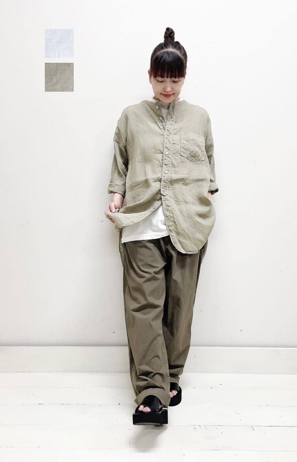 再入荷！人気の◆Dgy◆リネンバンドカラーポケットブラウス　ネイビー　Mサイ