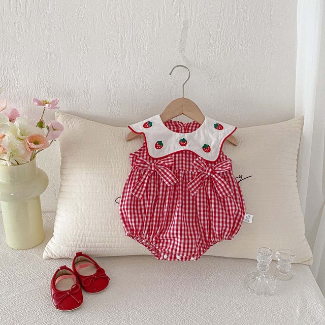 【BABY】ストロベリー刺繍チェック襟付きロンパース - 3