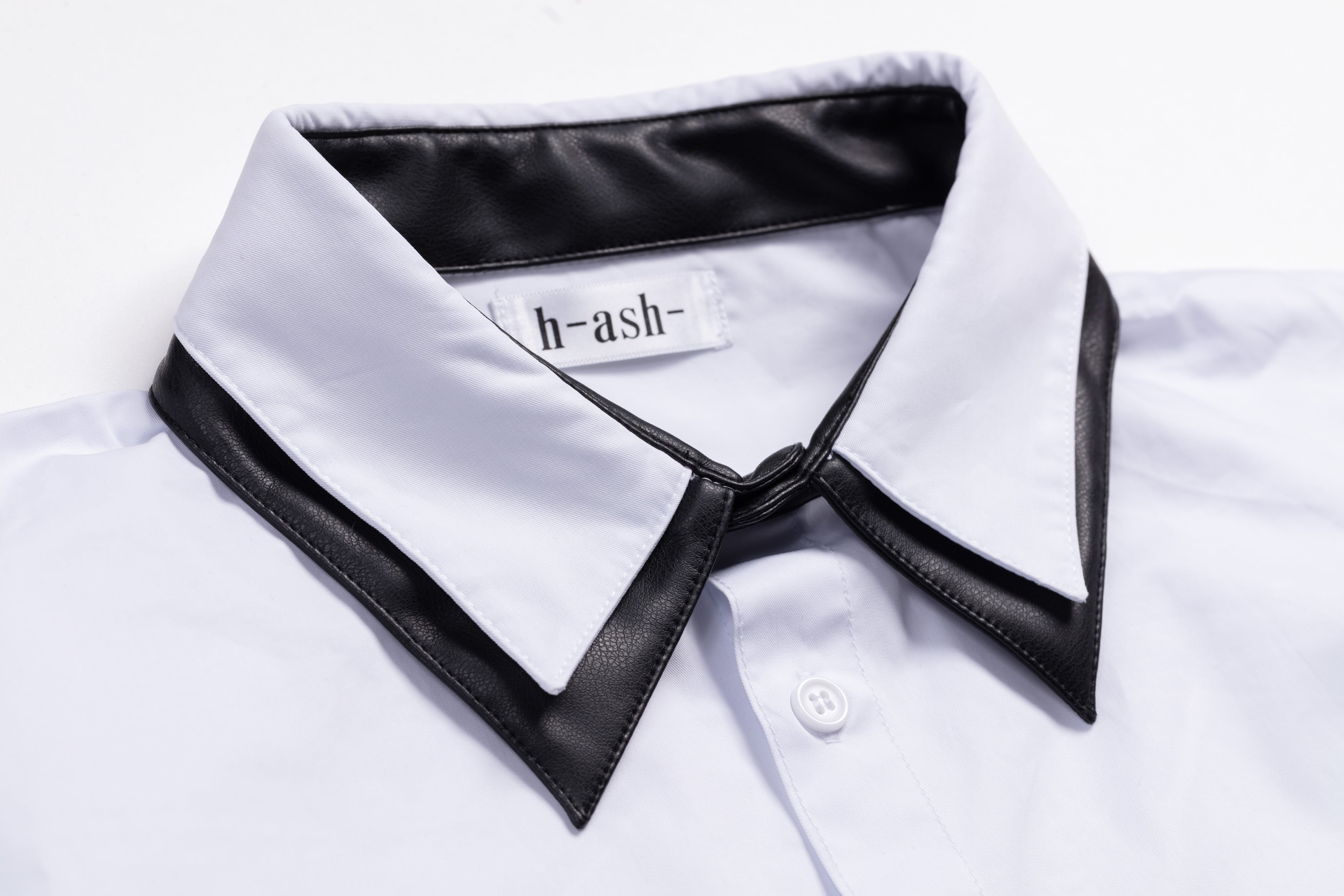 レザー使用ダブル襟袖ニット切り替えシャツ(ホワイト) | h-ash-