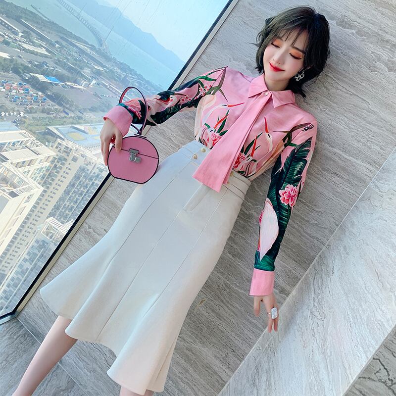 プリントシャツ ダブルブレストウェストスカート スプリング 春物 MIUCO14521421590