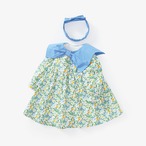 ブルーリボンの襟付き花柄ワンピース(ヘアバンド付き)