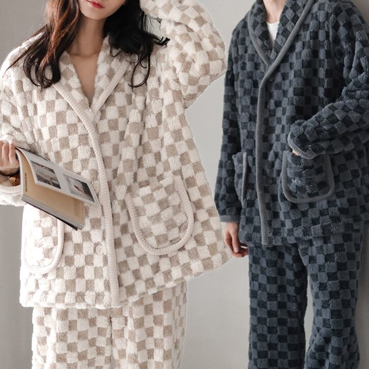 【ladies】boa fleece check pattern cardigan style pair pajamas p1078
