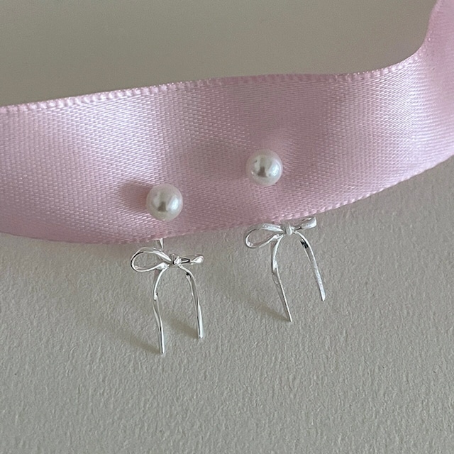 erban真珠&リボンのシルバーピアス