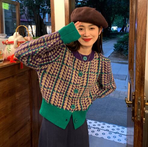 春秋新作 レディース トップス ニット セーター アウター 上着 千鳥格子 ショート sweet