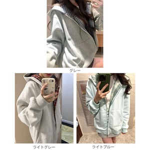 ジップ パーカー レディース 秋冬 韓国 チェック柄 バイカラー フード付き レイヤード風 重ね着風 ドロップショルダー ゆったり スウェット ライトアウター 体型カバー 学生 カジュアル ストリート 通学 旅行 お出かけ 着回し [LW-CGT006]