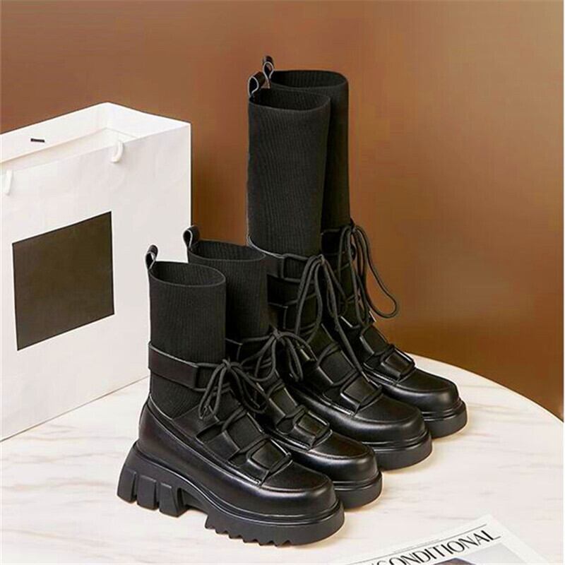 【新作】【送料無料】 中空の女性の増加した厚底のハイヒールのブーツ黒のショートチューブロングチューブのハイヒールの女性のクロスレース弾性ブーツ ブラック 靴 シューズ エラスティック 伸縮 10b343697584186