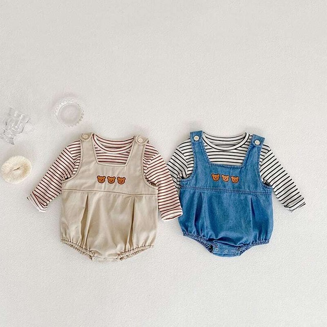 【秋新作】シンプルボーダーTシャツ＆クマロゴロンパース2点セット　全2色