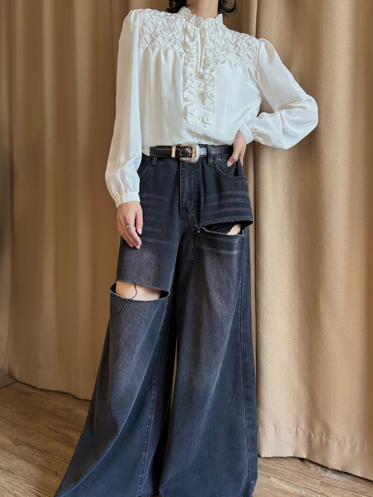 elegant pearl embellished ruffle front white shirt-5158-8