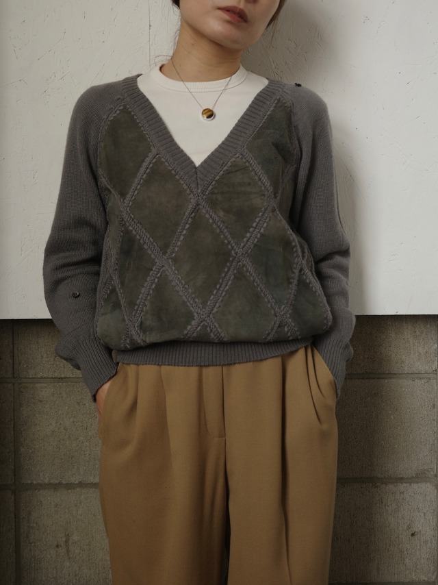 <vintage>suede panel knit