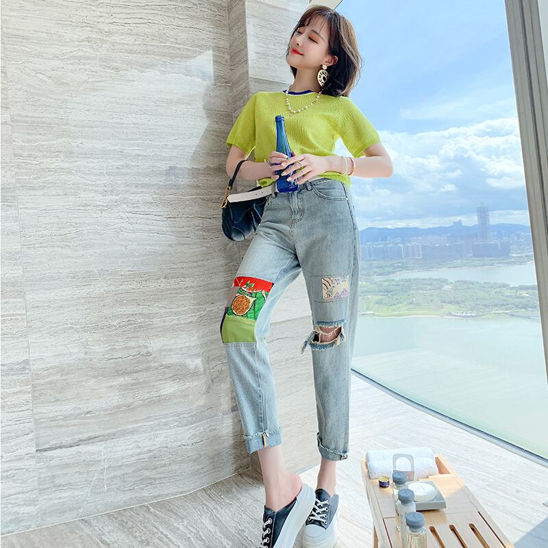 ラウンドネックニットトップス ジーンズ セット オータム 秋物 Oネック MIUCO78651607910