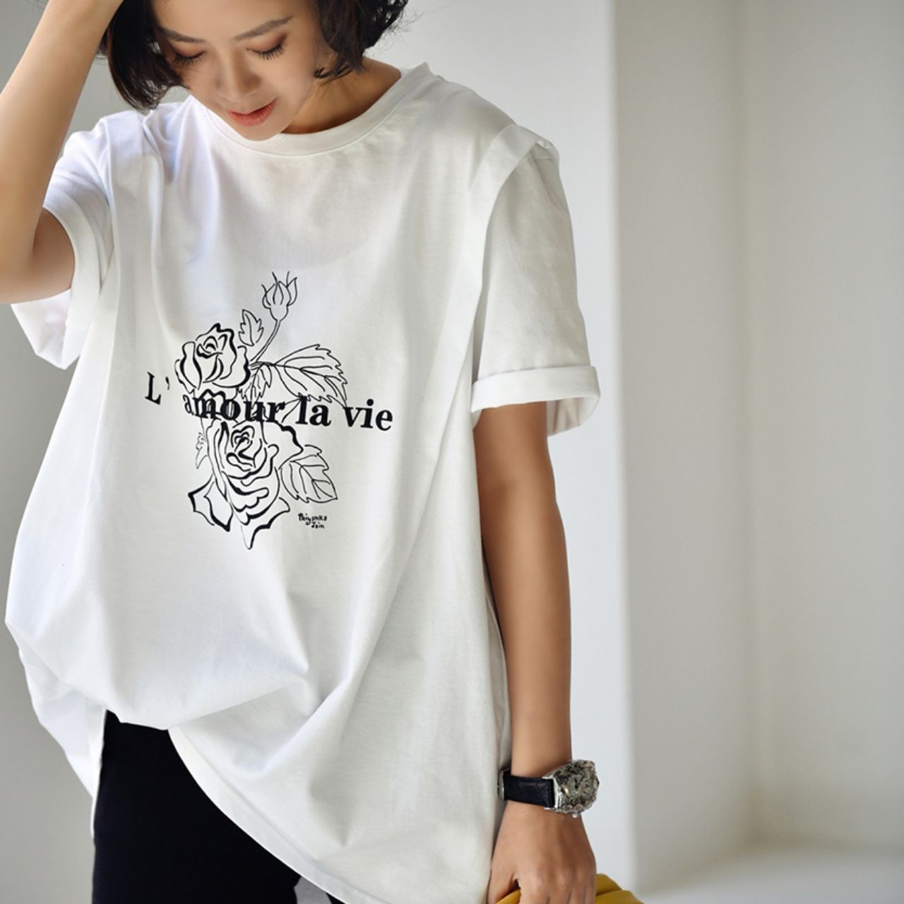 ローズプリント オーバーサイズTシャツ（2colors）A00280