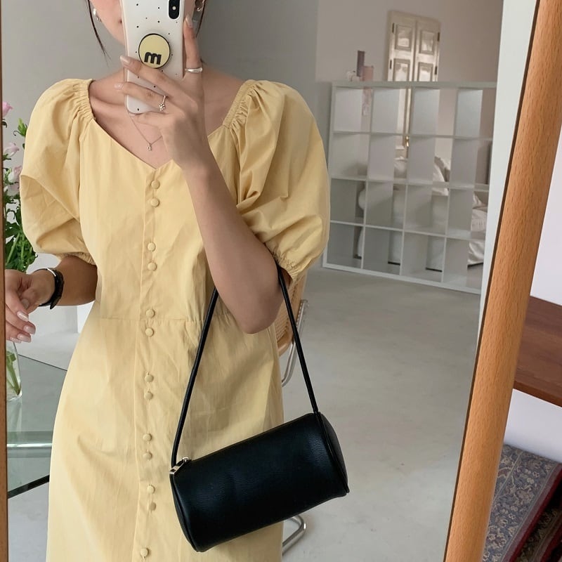 スリーブドレス サマー薄手ロングソリッド カラー 夏物 ソリッドカラー スクウェア ビッグFスモールZ韓国49747360691