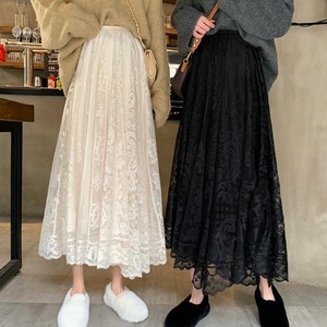 【送料無料】ロング丈 フレアスカート ウエストゴム 透け感 ゆったり レース ハイウエスト フェミニン ガーリー お出かけ デート 女子会 デイリー パーティ 春 SK-028IU