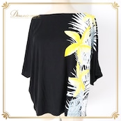 フラダンス 衣装 トップス ブラック系 マウナロア ハワイアンプリント ティアレ柄 Maunaloa アロハ フラ ダンス レッスン 練習 ドルマンスリーブ 華やか かわいい おしゃれ カットソー 五分袖 イエロー系 ホワイト系 黒 黄 白 ドルマン ブラック ホワイト イエロー カジュアル スポーツ コーディネート トロピカル レディース シンプル ファッション