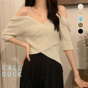 サマーニット S 5分袖 レディース 送料無料 オフショルダー クロス リブ Vネック 無地 春夏秋 トップス 111916