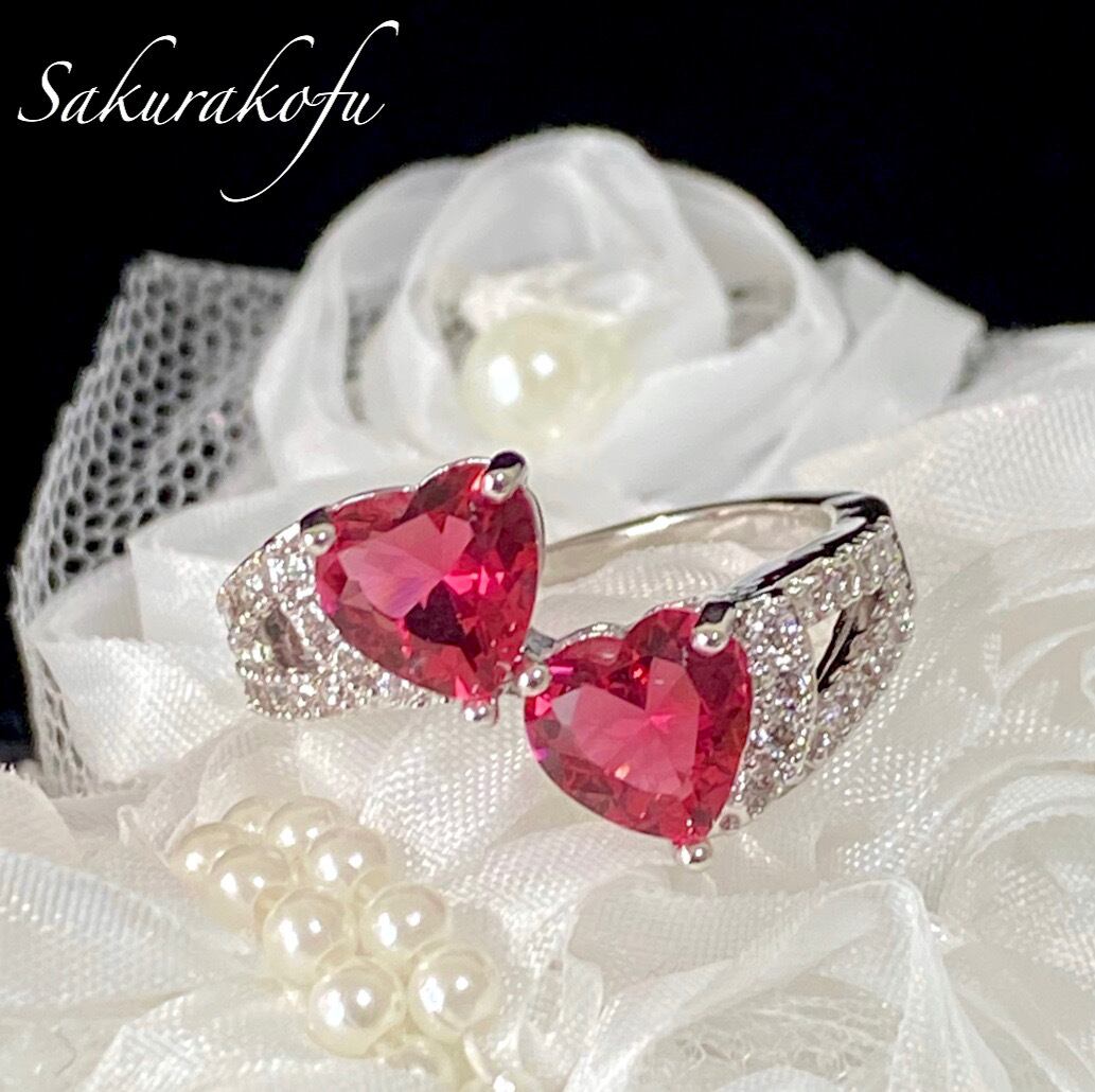 D019C レディース 指輪 人気デザイン ダブルハートスピネルリング