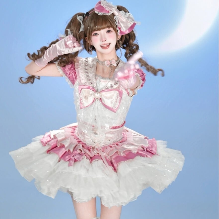 アイドル衣装　ワンピース　ピンク　リボン　キラキラ キラキラアイドル衣装｜リボンとフリルが輝くキラキラステージ