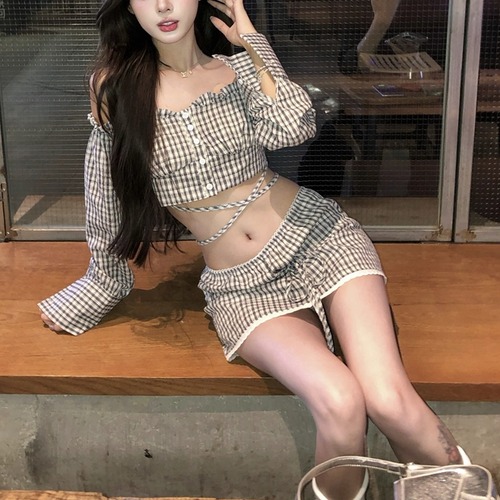 【2点セット】チェック柄クロップドトップス＋レースヘムミニスカ ・71521