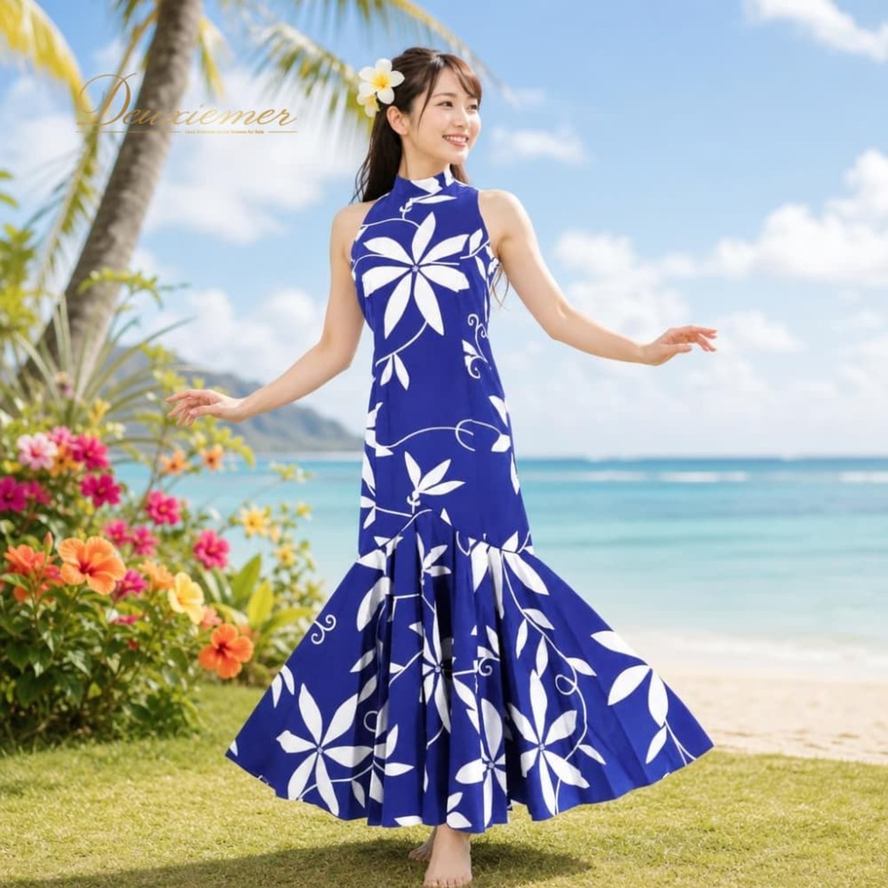 フラダンス 衣装 MENEHUNE PLANTETION メネフネプランテーション ワンピース ドレス ブルー系 ホワイト系 日本製 ツートンカラー ティアレ柄 アメリカンスリーブ モックネック きれい かわいい 華やか 鮮やか 爽やか 青 白 ハワイアン
