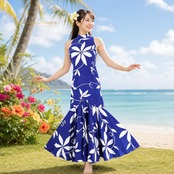 フラダンス 衣装 MENEHUNE PLANTETION メネフネプランテーション ワンピース ドレス ブルー系 ホワイト系 日本製 ツートンカラー ティアレ柄 アメリカンスリーブ モックネック きれい かわいい 華やか 鮮やか 爽やか 青 白 ハワイアン