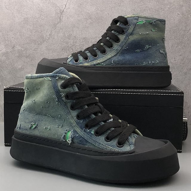 【予約販売】スニーカー ハイカット 厚底 キャンバス ダメージ加工 靴 ブルー 黒 ブラック スポーティー お洒落 カジュアル ストリート 24cm/24.5cm/25cm/25.5cm/26cm/26.5cm