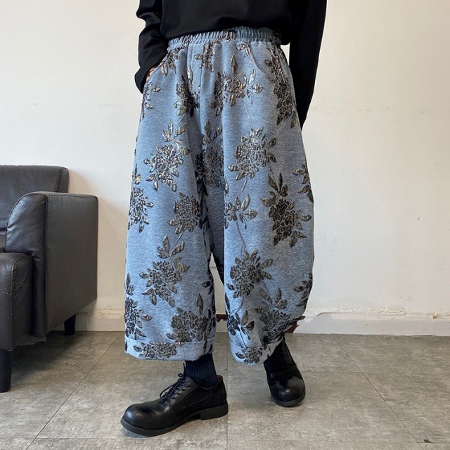 【予約販売】パンツ 9分丈 ワイド ルーズ ウエストゴム 刺繍 ボトムス メンズ カジュアル  ブラック ブルー こなれ感 お洒落  韓国 トレンド M/L/XL