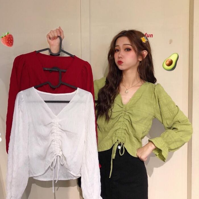 スリーブシャツ ウィンタースタイルギャザーVネックホワイト ロング 冬物 YY-ファッション50036596574