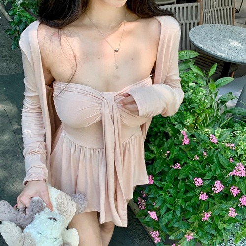 【2点セット】ストイラップレスノットワンピ＋カーデ ・11682